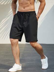 Manfinity Homme Men Plus Solid Drawstring Waist Shorts Sweat Plain Black Size - Black - View 7