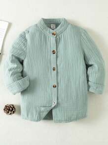 SHEIN Young Boy Mint Green Double Layer Gauze Short Sleeve Shirt With Stand Collar For Summer Holiday - Mint Green - View 1