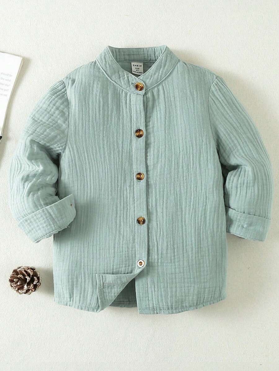 SHEIN Young Boy Mint Green Double Layer Gauze Short Sleeve Shirt With Stand Collar For Summer Holiday - Mint Green - View 1