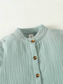 SHEIN Young Boy Mint Green Double Layer Gauze Short Sleeve Shirt With Stand Collar For Summer Holiday - Mint Green - View 3