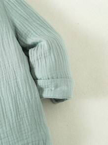 SHEIN Young Boy Mint Green Double Layer Gauze Short Sleeve Shirt With Stand Collar For Summer Holiday - Mint Green - View 4