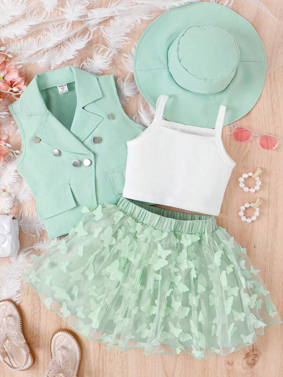 SHEIN Toddler Girls Double Breasted Vest Jacket & Cami Top & Appliques Mesh Skirt & Hat - Mint Green - View 1