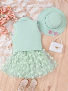 SHEIN Toddler Girls Double Breasted Vest Jacket & Cami Top & Appliques Mesh Skirt & Hat - Mint Green - View 2