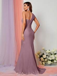 Faeriesty One Shoulder Ruched Wrap Hem Dress - Mauve Purple - View 2