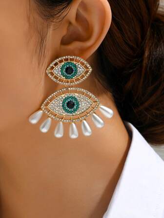 1對彩色水鑽和珍珠和眼睛設計創意吊墜耳墜