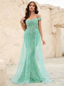 Vestido de vestir de hombros descubiertos con malla con lentejuelas - Azul menta - Ver 2