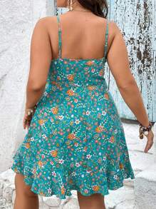 SHEIN VCAY 大碼印花荷葉邊圍裹側打結吊帶連衣裙 - 綠色 - 查看 2