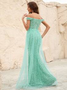 Vestido de vestir de hombros descubiertos con malla con lentejuelas - Azul menta - Ver 3