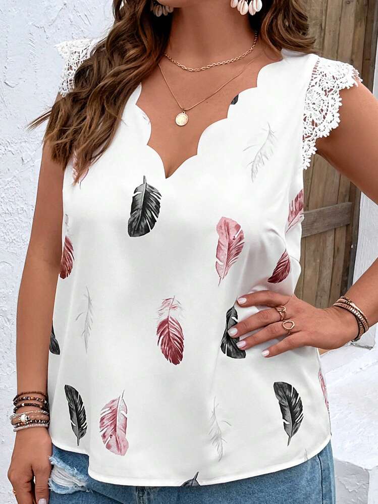 SHEIN VCAY Blusa de verano bohemia con panel de encaje guipur de plumas y acabado festoneado - Blanco - Añade 5