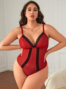 Plus Contrast Lace Bow Back Mesh Teddy Bodysuit - Red - View 2