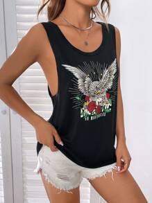 SHEIN EZwear Eagle & Floral Print Tank Top - Black - View 5