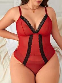 Plus Contrast Lace Bow Back Mesh Teddy Bodysuit - Red - View 5