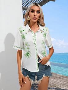 SHEIN VCAY Floral Print Button Front Shirt - Multicolor - View 3