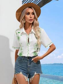 SHEIN VCAY Floral Print Button Front Shirt - Multicolor - View 5