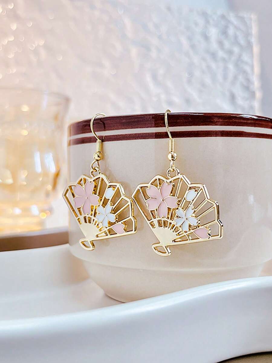 1對風格扇形櫻花和鏤空設計耳墜 - 彩色 - 查看 1