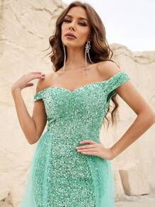 Vestido de vestir de hombros descubiertos con malla con lentejuelas - Azul menta - Ver 4