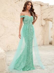 Vestido de vestir de hombros descubiertos con malla con lentejuelas - Azul menta - Ver 5