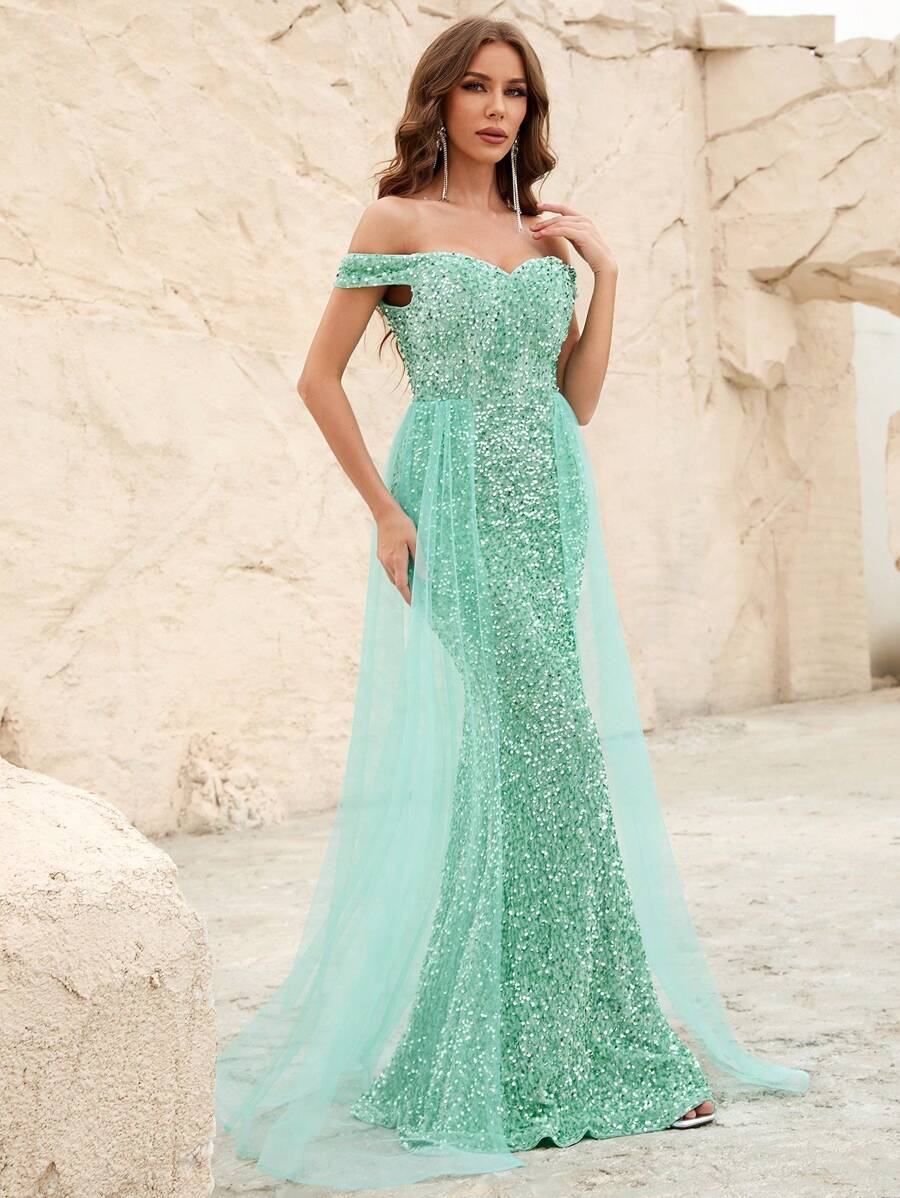 Vestido de vestir de hombros descubiertos con malla con lentejuelas - Azul menta - Ver 1