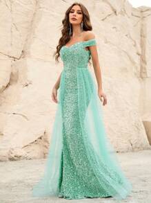 Vestido de vestir de hombros descubiertos con malla con lentejuelas - Azul menta - Ver 6