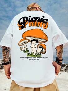 Manfinity 男士標語和蘑菇圖案T恤 - 白色 - 查看 1