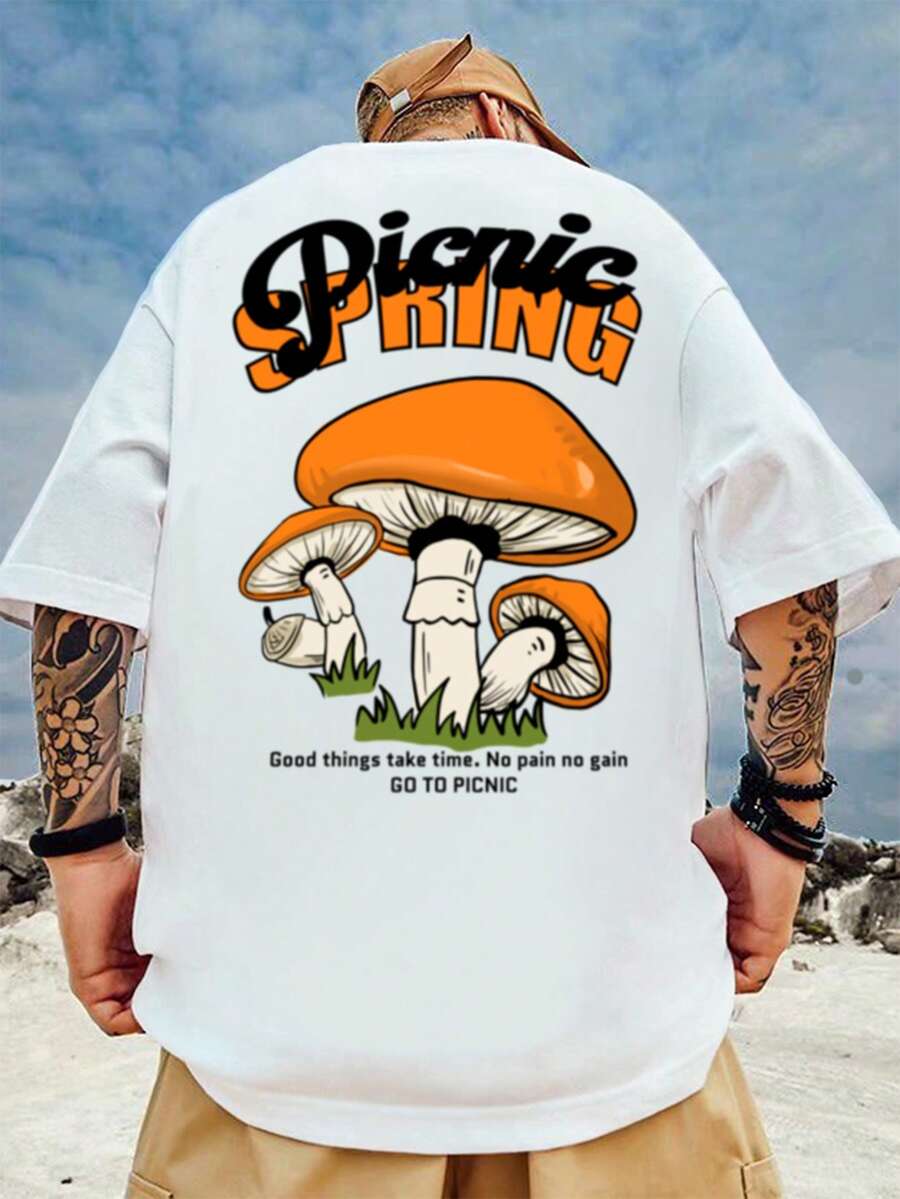 Manfinity 男士標語和蘑菇圖案T恤 - 白色 - 查看 1