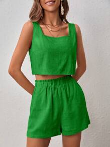 SHEIN VCAY Solid Split Back Tank Top & Shorts - Green - View 5