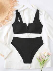 SHEIN Swim Summer Beach Plain High Waisted Bikini Set, Vacation Bikini - Black - View 3
