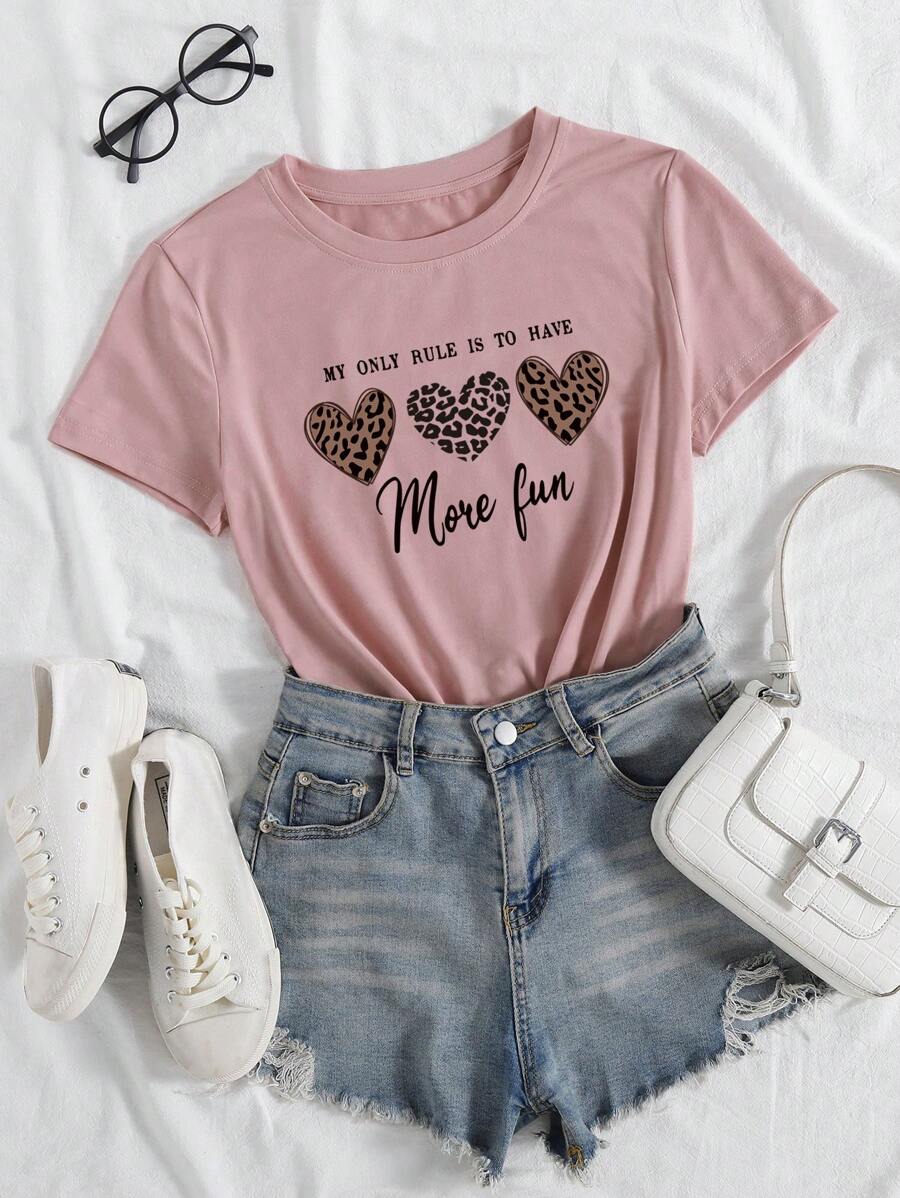 SHEIN LUNE Heart & Slogan Graphic Tee - Dusty Pink - View 1