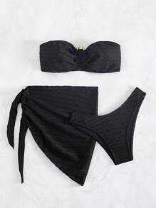 環鏈抹胸比基尼泳裝附沙灘裙 - 黑色 - 查看 5