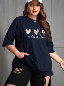 SHEIN Unity Thêm hình ảnh trái tim & khẩu hiệu Áo thun trễ vai mỗi ngày một lần - Màu xanh hải quân - Xem 3