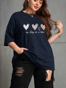 SHEIN Unity Thêm hình ảnh trái tim & khẩu hiệu Áo thun trễ vai mỗi ngày một lần - Màu xanh hải quân - Xem 4