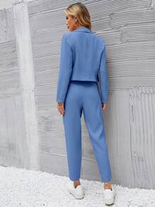 Calvaya Solid Single Button Crop Blazer And Slant Pocket Tailored Trousers - Blue - View 2