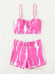 SHEIN Swim Bộ bikini buộc dây màu nhuộm đi biển mùa hè, Bikini đi nghỉ - Hồng - Xem 3