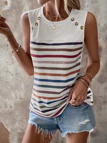 SHEIN LUNE Striped Print Button Detail Tank Top
