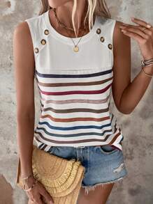 SHEIN LUNE Striped Print Button Detail Tank Top