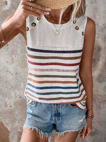 SHEIN LUNE Striped Print Button Detail Tank Top