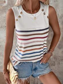 SHEIN LUNE Striped Print Button Detail Tank Top