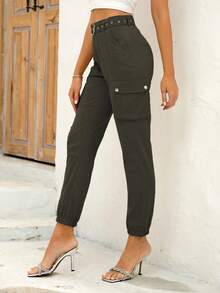 Joyfunear 側口袋彈性邊腰帶褲子 - 軍綠色 - 查看 5