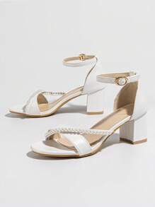 女士仿珍珠装饰粗跟凉鞋，优雅白色踝带凉鞋，情人节之选 - 白色 - 查看 4