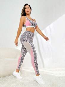 Yoga Trendy Leopard Print Mesh Insert Sports Set - Multicolor - View 5