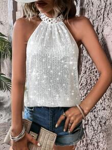 SHEIN Clasi Guipure Lace Insert Sequin Halter Neck Blouse - White - View 6