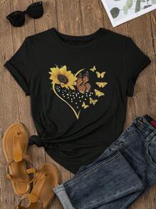 SHEIN LUNE 向日葵和蝴蝶印花 T 恤 图案 T 恤 女士上衣 - 黑色 - 查看 1