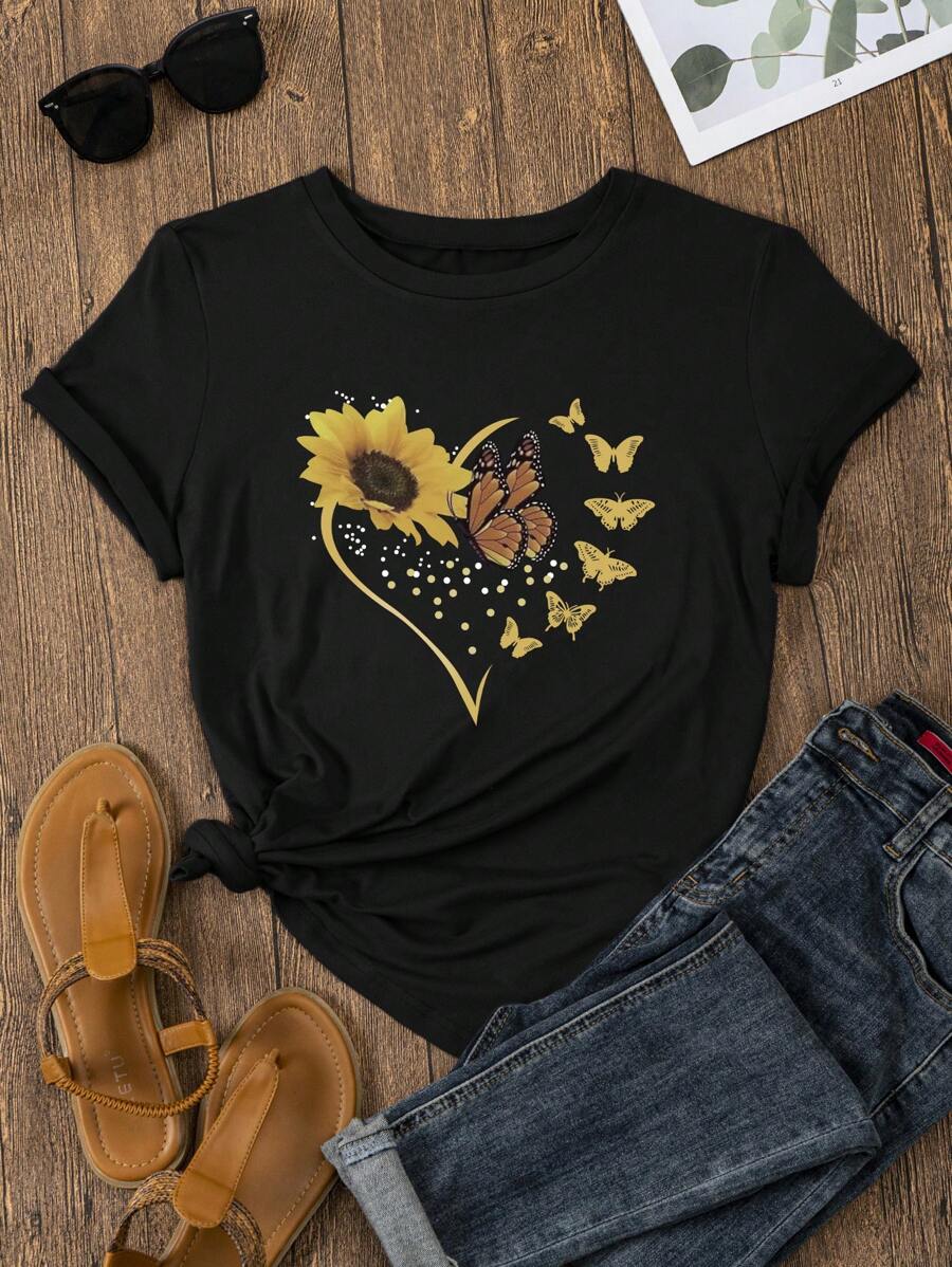 SHEIN LUNE 向日葵和蝴蝶印花 T 恤 图案 T 恤 女士上衣 - 黑色 - 查看 1