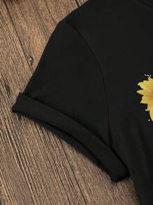 SHEIN LUNE 向日葵和蝴蝶印花 T 恤 图案 T 恤 女士上衣 - 黑色 - 查看 4