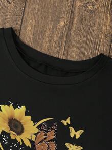SHEIN LUNE 向日葵和蝴蝶印花 T 恤 图案 T 恤 女士上衣 - 黑色 - 查看 5