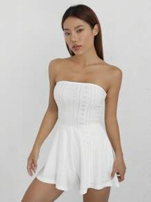 SHEIN Qutie 素色網眼刺繡抹胸連體短褲 - 白色 - 查看 3