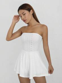 SHEIN Qutie 素色網眼刺繡抹胸連體短褲 - 白色 - 查看 4