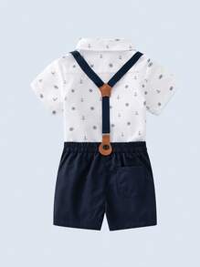 小男童船錨圖案前蝴蝶結襯衫和背帶短褲 - 藍白色 - 查看 1