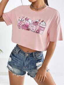 SHEIN Unity Cartoon Graphic Drop Shoulder Crop Tee - Baby Pink - View 2
