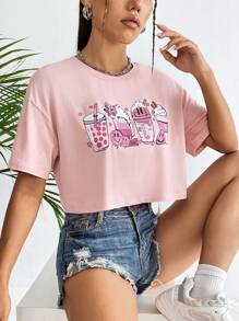 SHEIN Unity Cartoon Graphic Drop Shoulder Crop Tee - Baby Pink - View 1